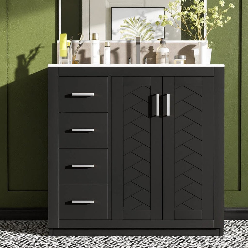 Meuble-lavabo de 36 po avec lavabo en céramique - structure en bois massif, 3 tiroirs à fermeture en douceur et 2 portes à fermeture en douceur, armoire de rangement autoportante avec poignées en métal