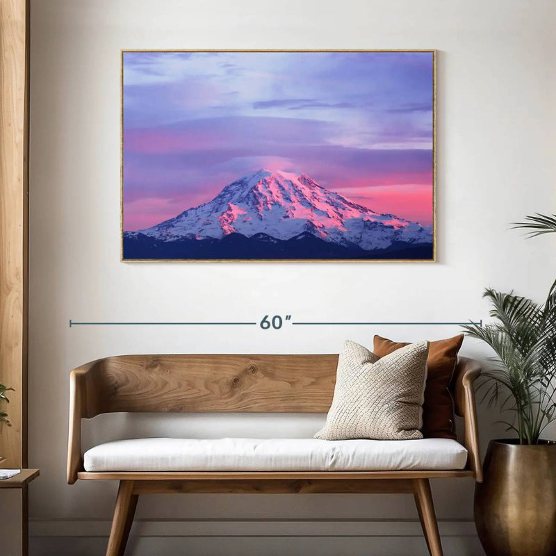 Mont Rainier, coucher de soleil rose, Cadre flottant en bois naturel, 46 po x 31 po