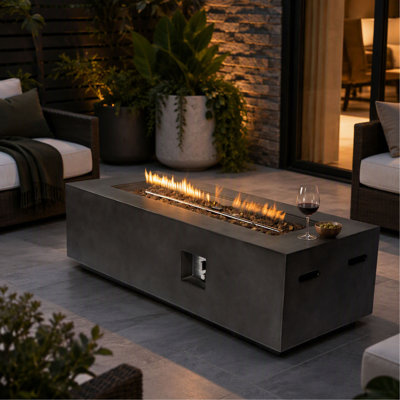 60 Inch Rectangular Concrete Propane Fire Pit Table, 60,000 BTU Gas Burner with Auto-Ignition, Lava Rocks, and Waterproof Cover for Patio