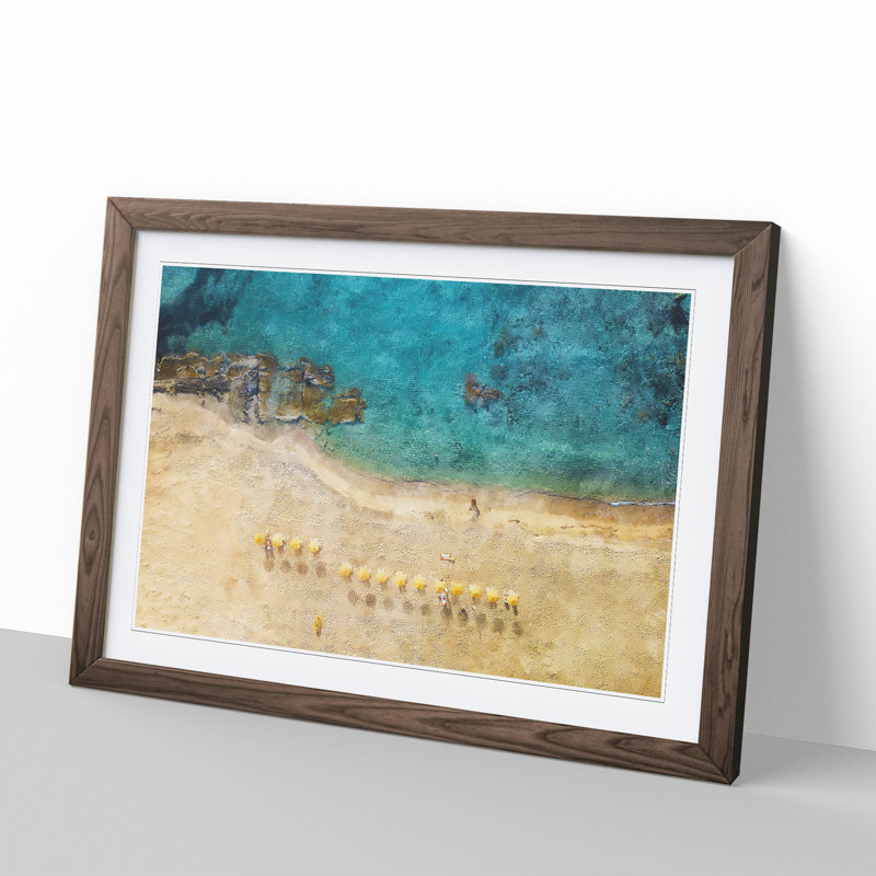 Birds Eye View of a Beach in Crete - Picture Frame Painting on MDF, Walnut Framed, 48cm H x 65cm W x 2cm D