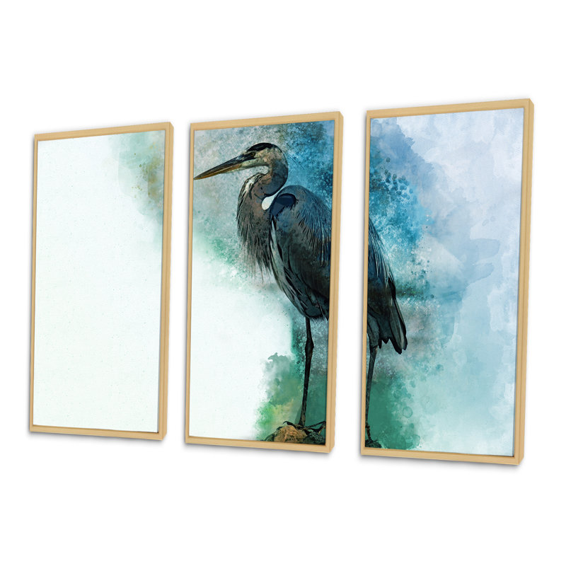 Contemplating Heron By The Waterside - Ensemble de 3 toiles d'art encadrées, H 20 po x l 36 po x P 1 po, Cadre brun