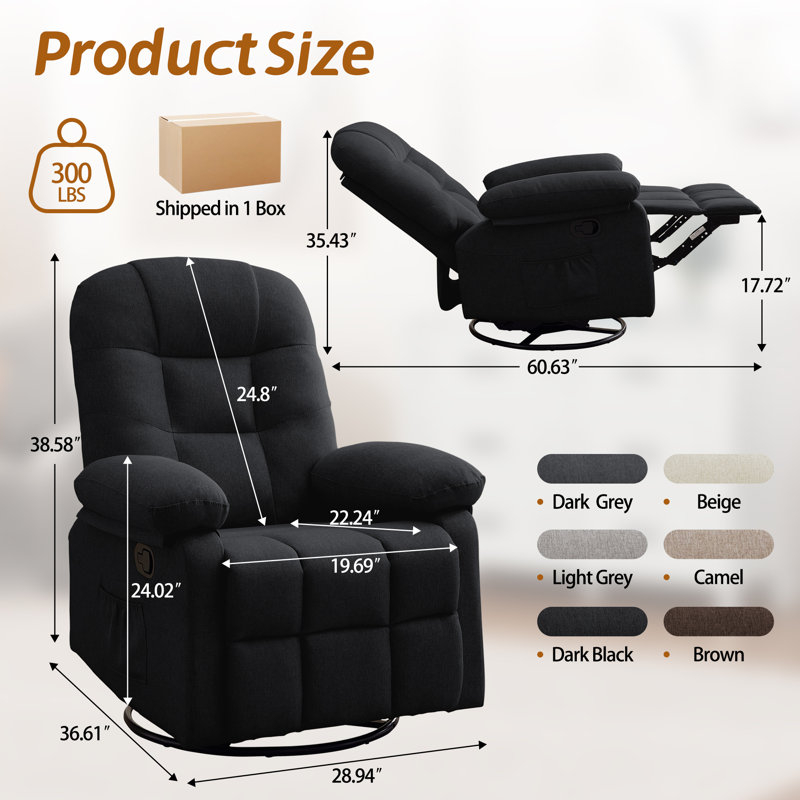 KORSER Recliner Chair, Small Recliner For Small Space, 360 ° Swivel Rocker Recliner For Living Room, Manual Recliner With Side Pockets