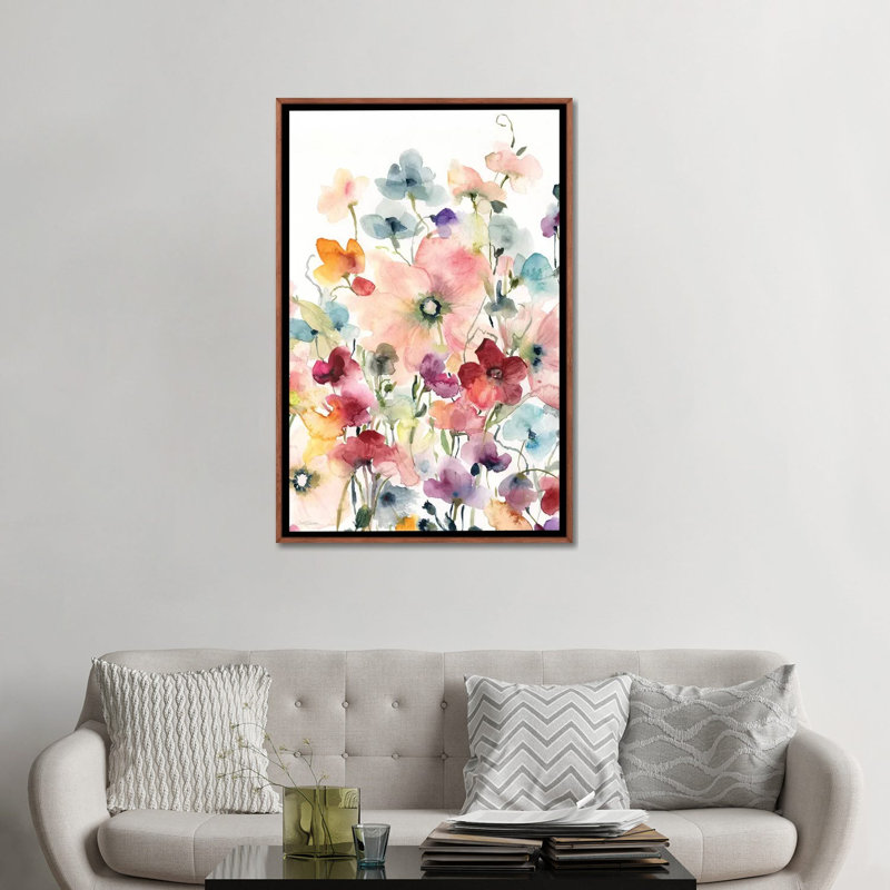 Poppies and Sweetpeas par Carol Robinson - reproduction, Pas de tapis, Toile avec cadre en bois brun classique