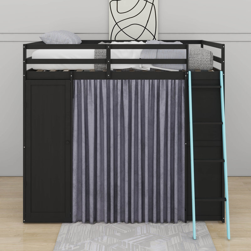 Full Size Loft Bed With,Wardrobe,Shelves,Blackout Curtains,And RGB Lights, Black/Blue