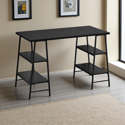 Flax 3-Tiered 4-Shelves Black Finish Computer Desk Black Metal Legs, 29.73" H X 47.12" W X 23.57" D