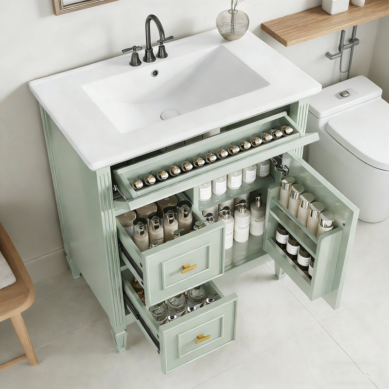 Meuble-lavabo de salle de bain avec lavabo, un tiroir rabattable, deux tiroirs et une tablette réglable, Vert