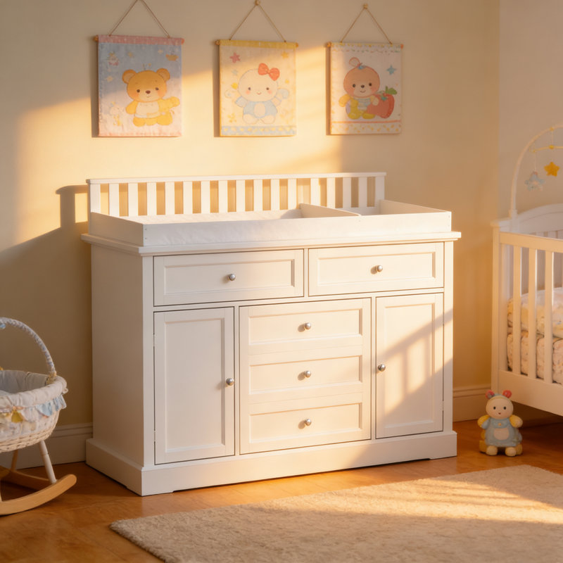 Commode blanche pour enfant avec table à langer, 3 tiroirs et 2 armoires
