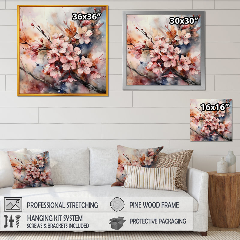 Romarion, rose, gris, pommier, mélodie I sur toile, H 16 po x l 16 po x P 1 po, Cadre flottant doré