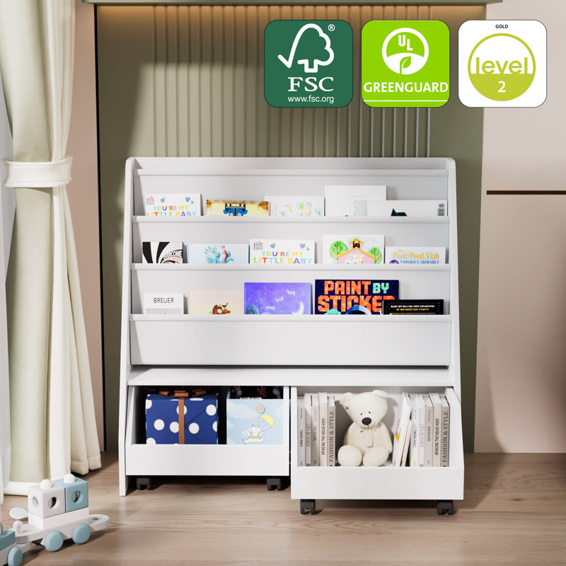 2-in-1 Mobile Storage Shelf - MDF Bookcase with Deep Pockets & Rolling Bins, Multi-Scene Organizer