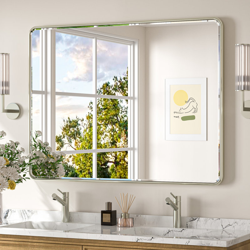 Beveled Bathroom Vanity Mirror with Aluminum Frame, Wall Accent Mirror, Tempered Glass, 48" x 36", Brushed Nickel
