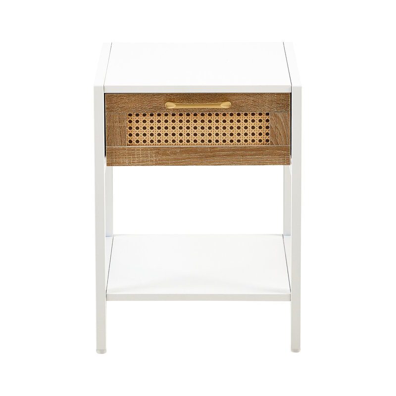Table de bout 15,96 po - Table de chevet blanche moderne pour le bureau. Pieds en métal, fabrication. Assemblage et entretien faciles. Capacité de charge de 120 lb. Côté polyvalent avec tiroir, salon, chambre à coucher. Structure.