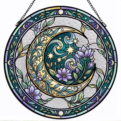 Moon Floral Stained Glass Window Panel，7.8H