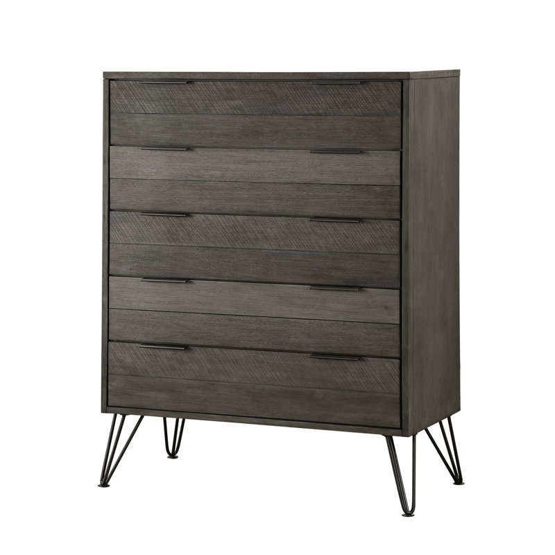 Commode de chambre contemporaine à trois tons gris avec tiroirs perchés sur des pieds en métal avec placage en acacia