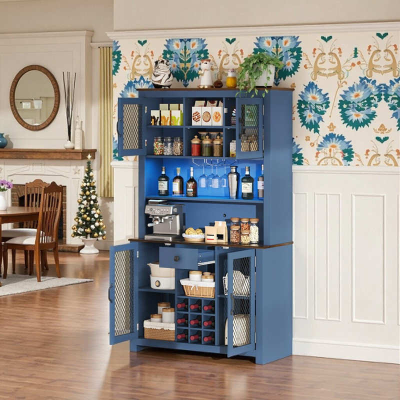Armoire de rangement de 70,9 pouces de hauteur avec rangement à DEL, support à vin et tablettes réglables, Marine