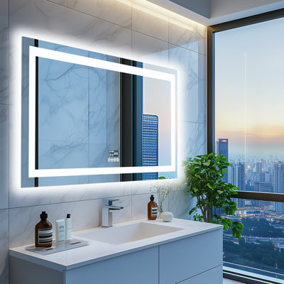 Led Bathroom Mirror With Lights, Wall-mounted With Bluetooth Speaker, Time & Date Display Anti-fog, 3 Color Temperature, Dimmable Brightness, Ip65 Waterproof, Tempered Glass, Frontlit & Backlit