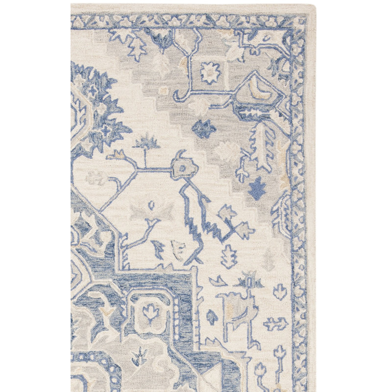 Cuvier Hand Tufted Wool Cotton Oriental Rug in Blue/Ivory, Runner 2'3" x 7'