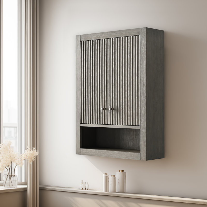 Armoire de rangement de salle de bain murale 24 po avec 2 portes, tablette réglable et tablette ouverte, Bois flottant gris