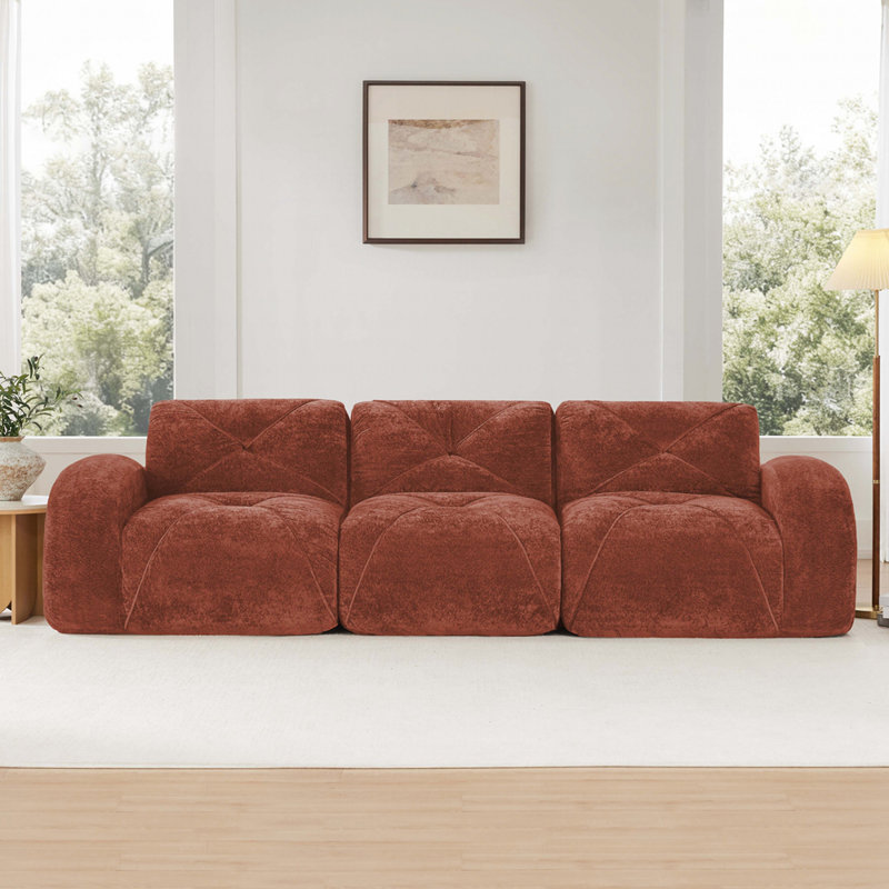 Canapé capitonné 3 places avec canapé sans os, 29.9" H x 110.6" W x 67.3" D, Brun-rouge, 3