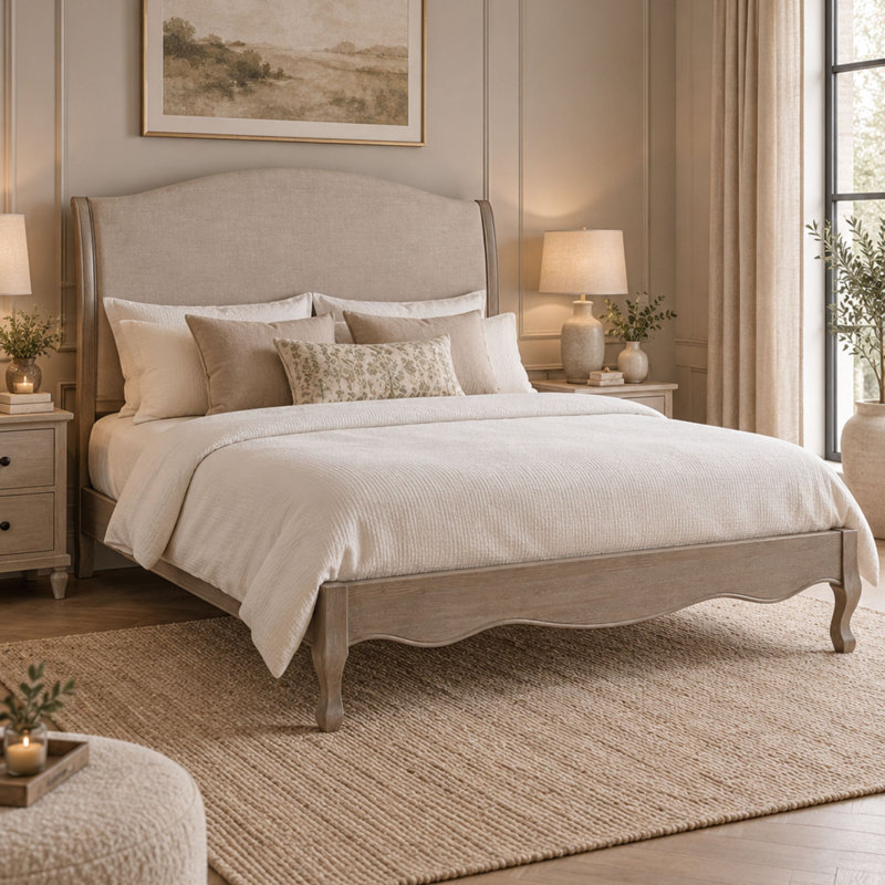 Felicity Upholstered Bed, Kingsize (5'), Limed Oak/Oatmeal Linen