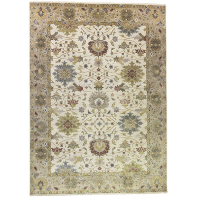 Tapis crème en laine noué à la main floral 10 pi x 13 pi 11 po Floral