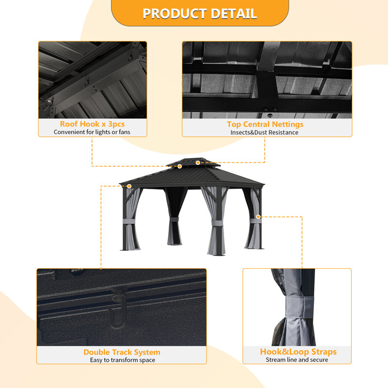 Metal Patio Gazebo, 9.3 Ft. H x 12 Ft. W x 10 Ft. D