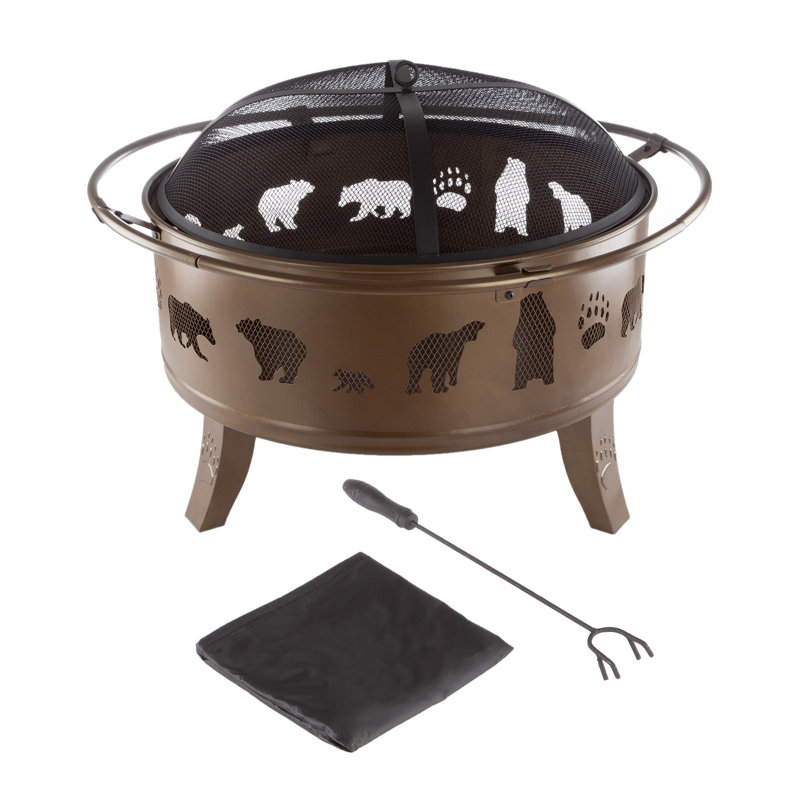 Antique Gold 32-Inch Steel Fire Pit Table with Bear Cutouts
