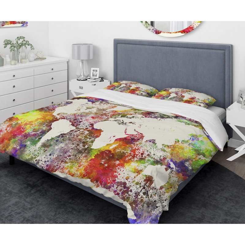 King Multicolor Microfiber World Map Duvet Cover Set