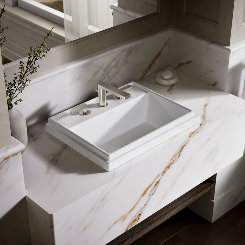 Tresham Ceramic Rectangular Drop-In Bathroom Sink with Overflow, Mexican Sand, 8'' Widespread