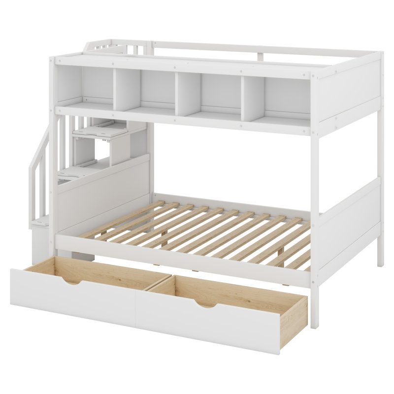 Lit superposé avec tablettes, escalier de rangement et 2 tiroirs, Blanc