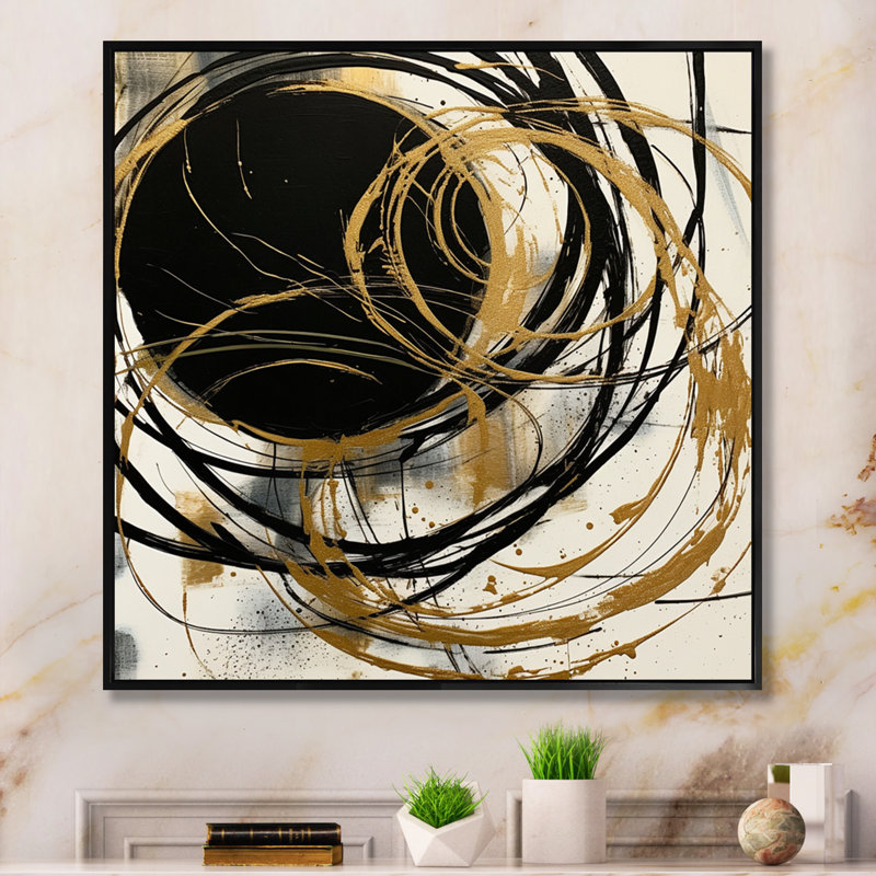 Art noir et or noir du Chaos V - Peinture abstraite, art mural, H 36 po x l 36 po, Toile avec cadre flottant, Noir