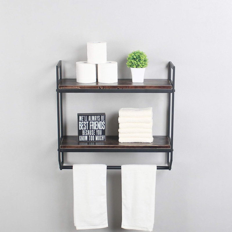 2-Tier Metal Wall Mounted Bathroom Shelf With Towel Bar - Industrial Rustic Floating Storage Rack For Bathroom, Kitchen, Living Room