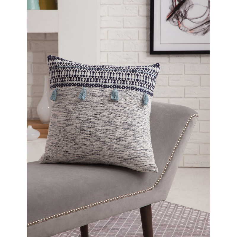 Blake Orion Navy and White Cotton Throw Pillow with Tassels