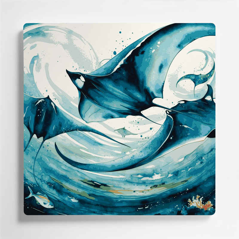 Art mural vert hawaïen avec raies manta, H 12 po x l 12 po