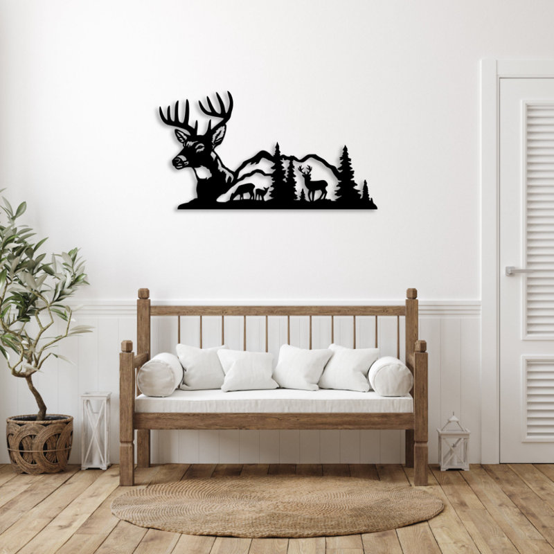 Deer Mountain View Metal Wall Art - Wildlife Nature Landscape Decor - Deer Silhouette Scenic Mountain Design - Rustic Cabin Lodge Wall Hanging - Modern Industrial Metal Sculpture - Outdoor Adventure Home Decor - Statement Art Piece