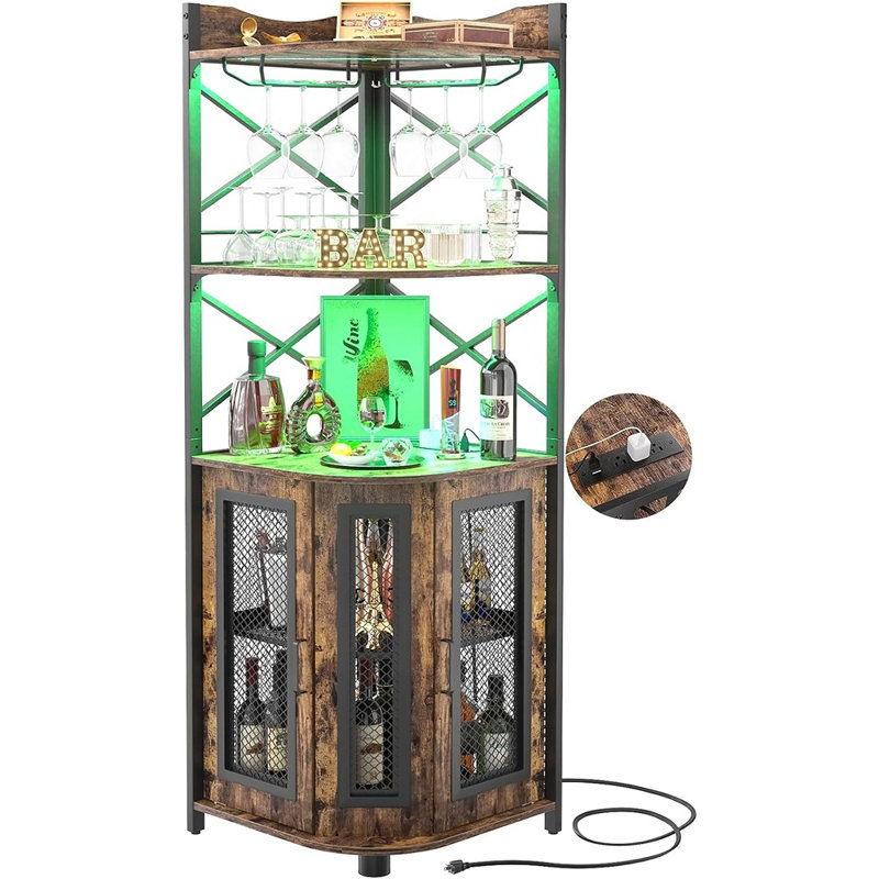 Meuble-bar de coin avec prise électrique, meuble de rangement pour bouteilles et spiritueux à 5 niveaux avec éclairage DEL et porte-verres, brun rustique