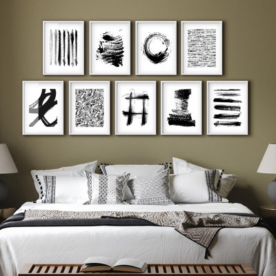 Framed Wall Art Collage Print Gallery Set, Black & White Paint Stroke Symbols Abstract Shapes Illustrations Modern Art Minimal Bohemian Ultra for Living Room, Office, Bedroom - 11"x14"x 9 White