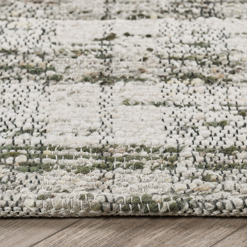 Green and White Wool Cotton 8' x 10' Striped Rug