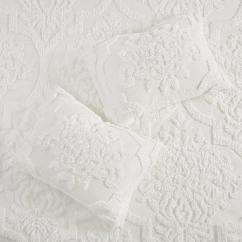 Ensemble d'édredon en coton touffeté 3 pièces, Édredon double + 2 taies décoratives standards, Blanc cassé