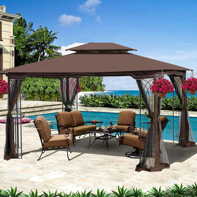 Outdoor Patio 13x10 Gazebo With Rust- Frame And Mesh - Brown Sunproof Fabric All