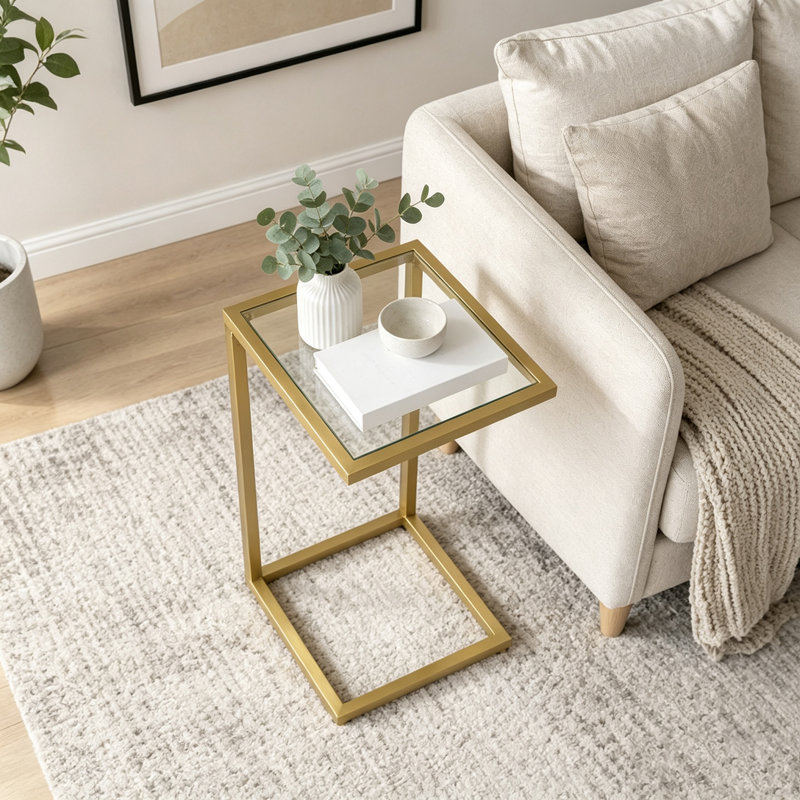 Table de bout en C avec plateau en verre trempé