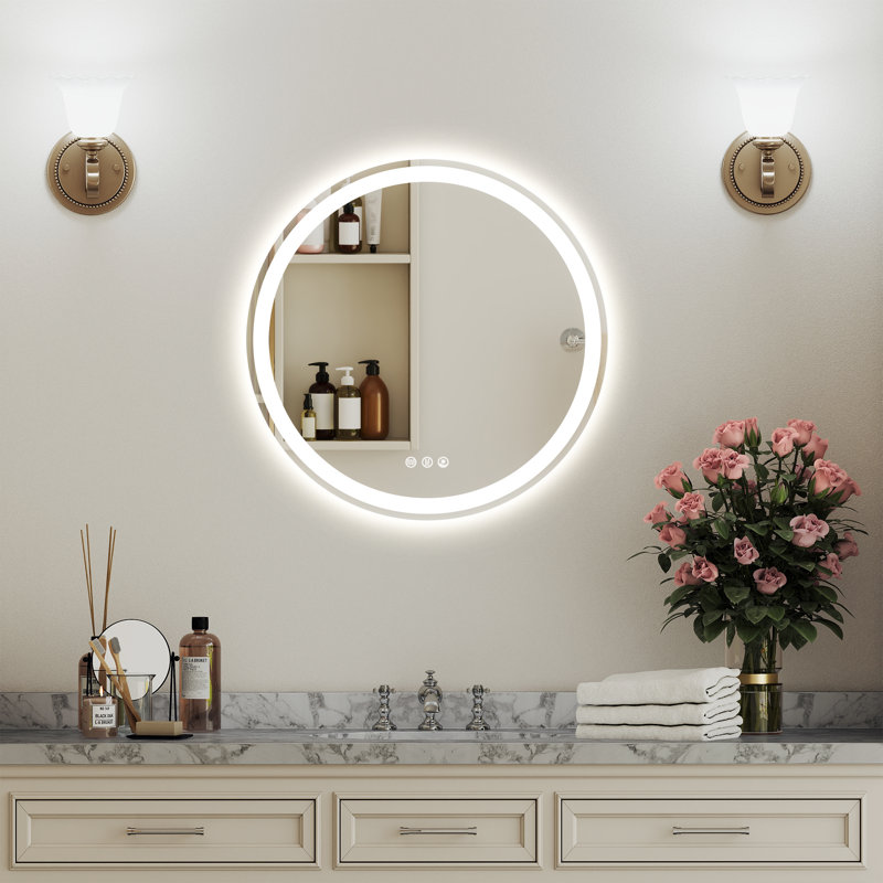 Round LED Bathroom Vanity Mirror with Front & Back Light, Anti-Fog, Dimmable, 3 Color Temperatures, Plug-in/Hardwired, Frameless Silver Mirror (24")
