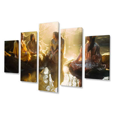 «Young Beautiful Goddesses Bathing In The River V», reproduction sur toile tendance - 5 panneaux