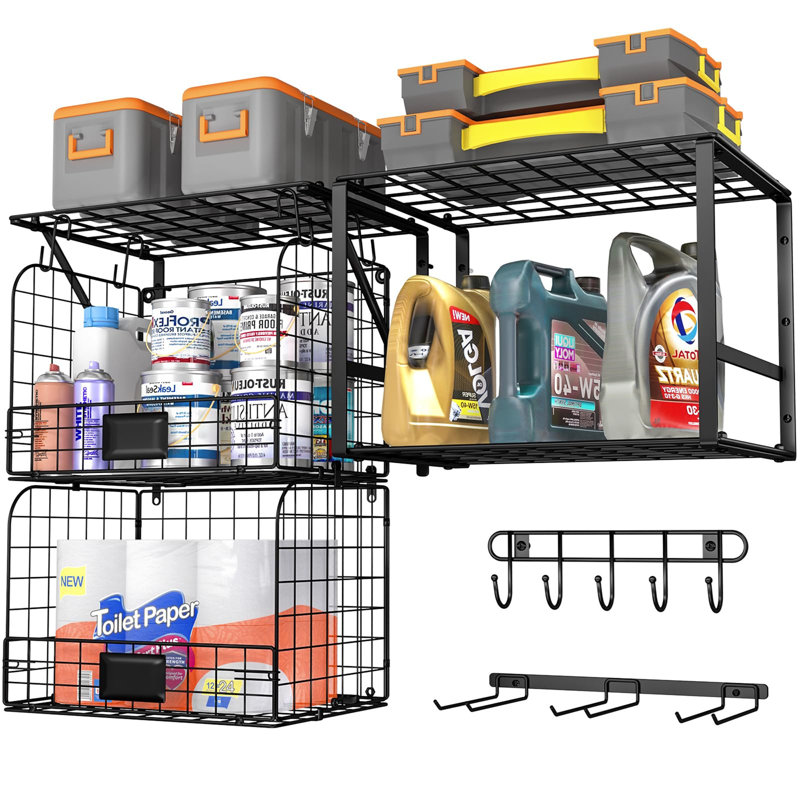 Heavy Duty Metal Garage Shelf With 2 Wire Baskets And Tool Rack, Rust-Resistant, Versatile DIY Installation, 15.74" D X 11.81" W X 11.81" H