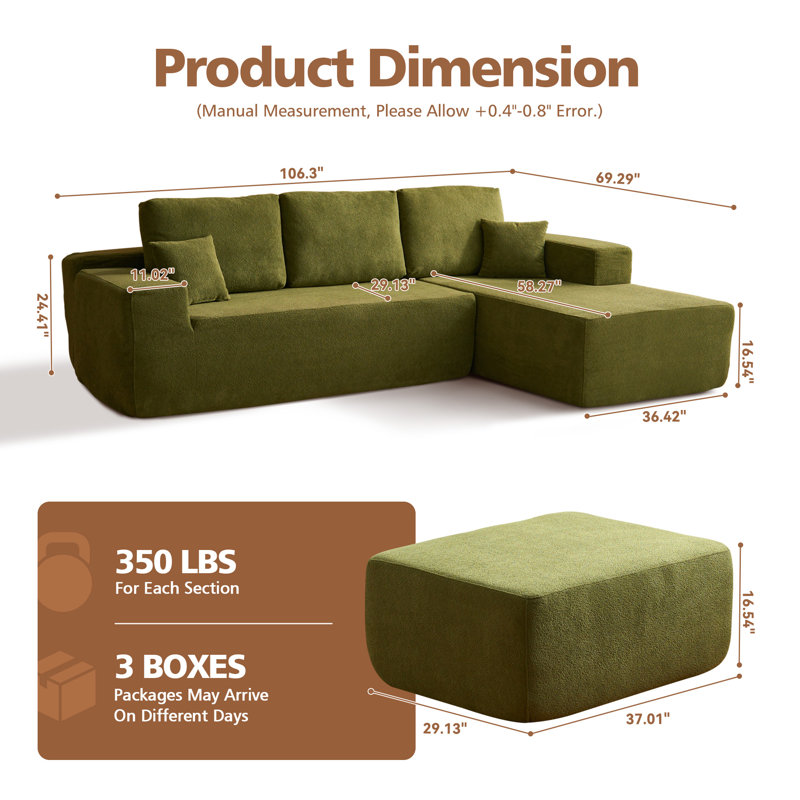 Seren Boneless 106" Modular L-shaped Sectional Sofa With Ottoman, No-assembly Cloud Couch, Boneless Design For Modern Living