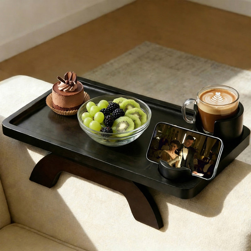 Table-plateau 15 po x 10 po rectangulaire 3-en-1 en bois d'acacia massif avec accoudoirs à pince, Black