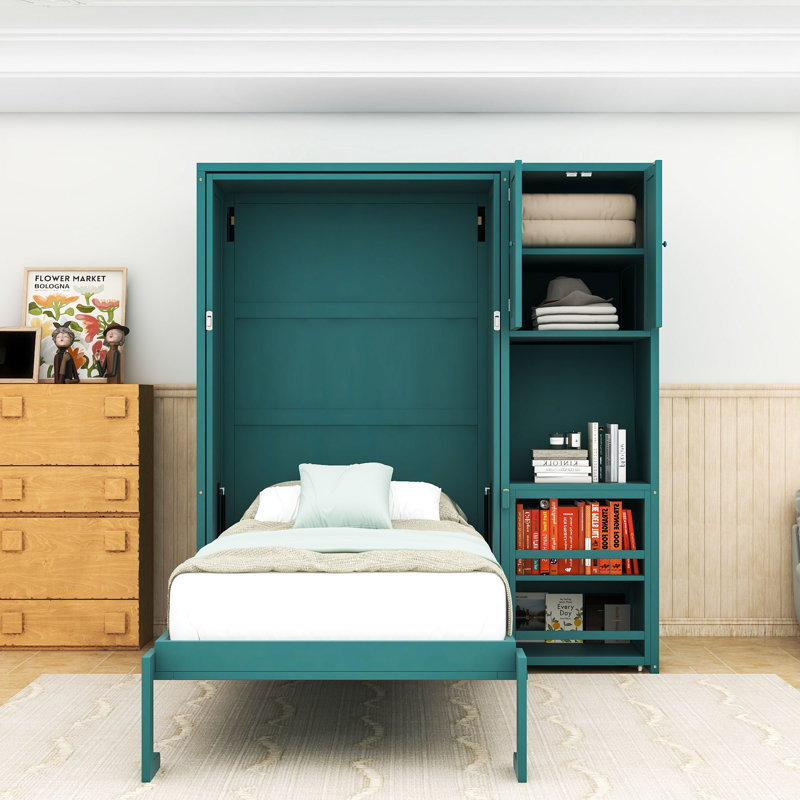 Lit simple escamotable mural avec armoire supérieure, bureau extensible et tablettes, Sarcelle