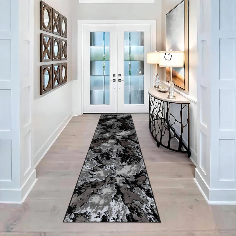 Abstract and Marble Flokati Area Rug, Black Grey, Runner 60 x 300 cm