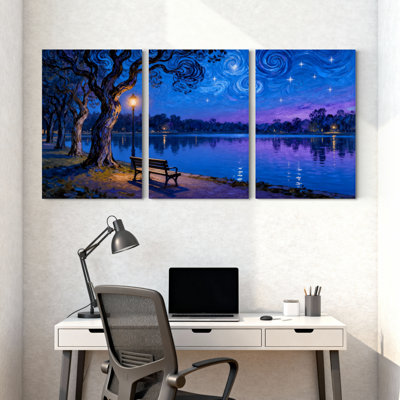 Abstrait, ciel nocturne, lac, arbre, lumière, étoiles, réflexion, ensemble de 3 impressions sur toile