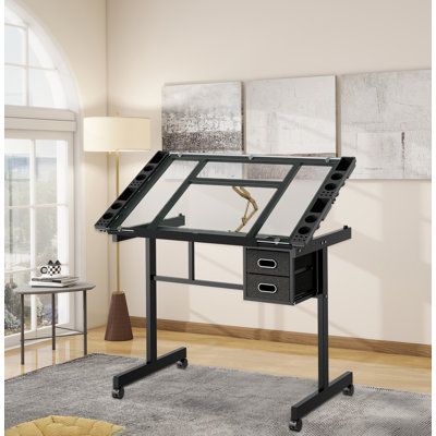 Adjustable Art Drawing Desk Craft Station Drafting With 2 Fabric Drawers And 4 Wheels (Black)