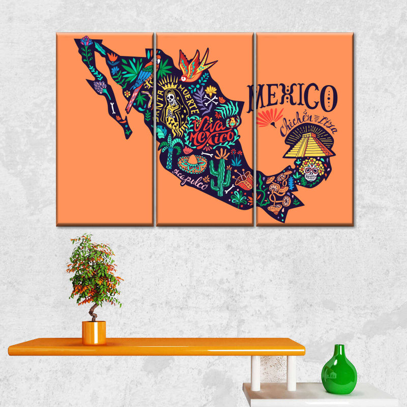 Cartes du Mexique, carte du Mexique sur toile, 3 pièces, H 74 po x l 48 po x P 1,25 po